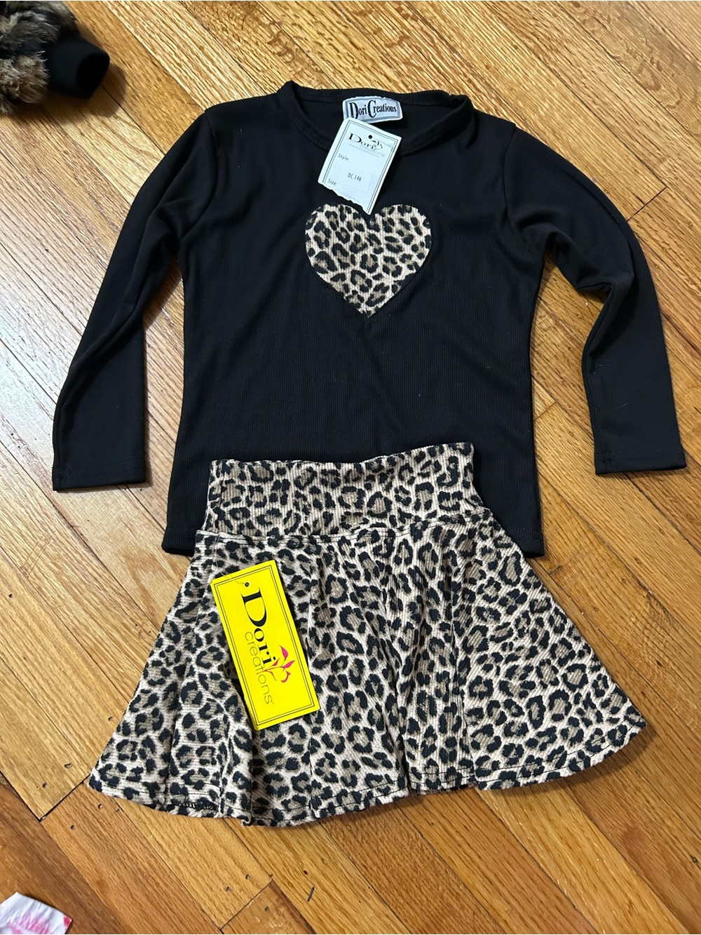 Dori Creations Kids Black Top with Leopard Heart & Leopard Skort